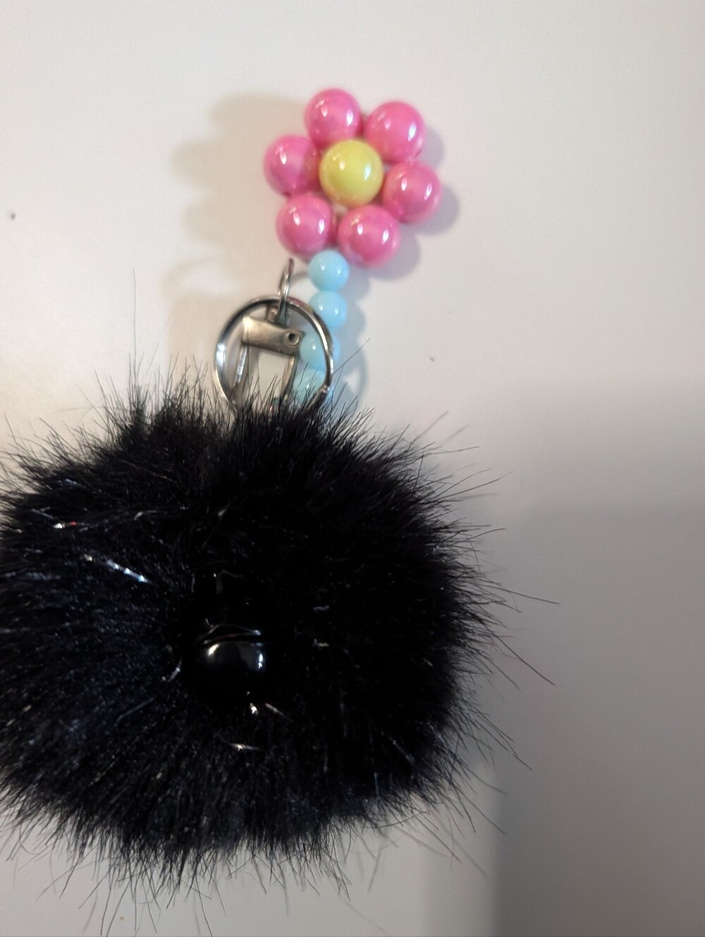 Kipling Black Fur Pom Pom Keychain with Pink & Yellow Flower Beads